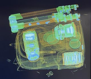 Airport security x-ray image of a bag