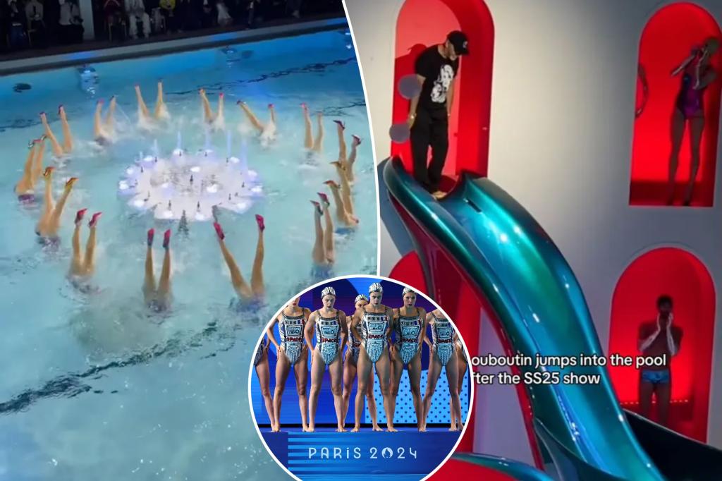 Splashy Christian Louboutin's show featuring Olympic swimmers and a stripped-down firefighter ends as the celebrity model takes a dip in her finery.