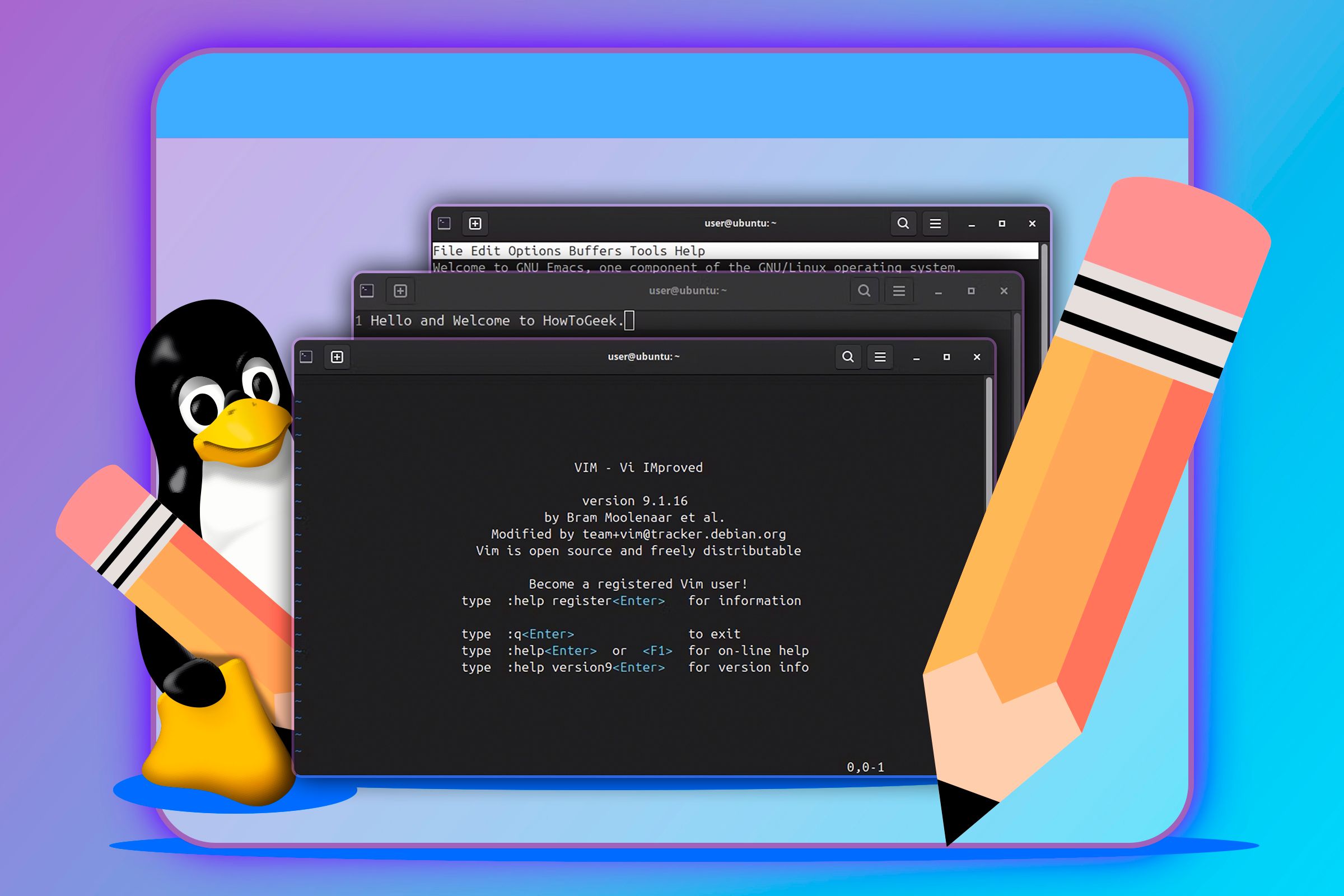 Linux mascot behind three text editors with a pencil in front.